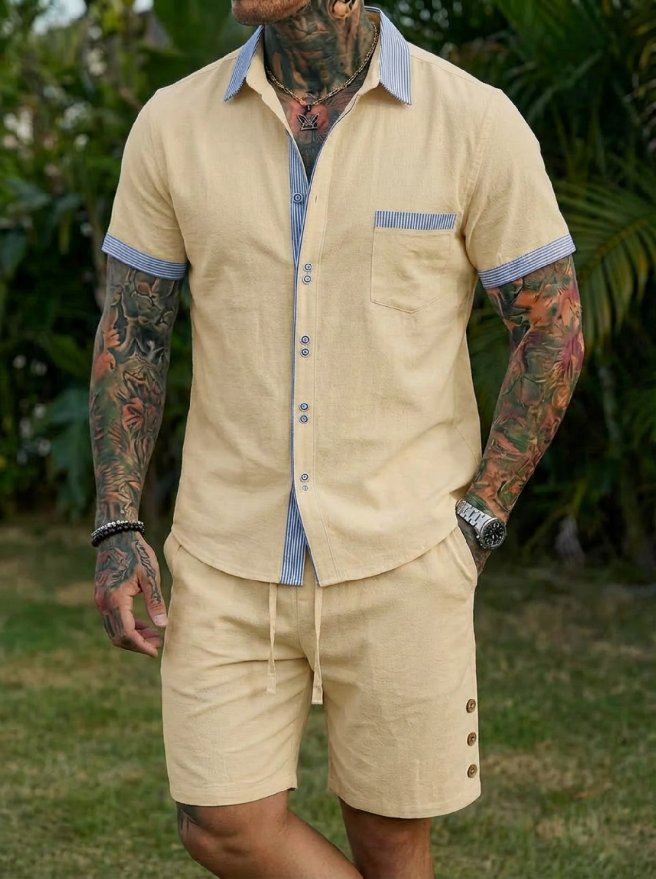Męski zestaw koszul w stylu ku – Short Linen Drawstring recenzja i cena