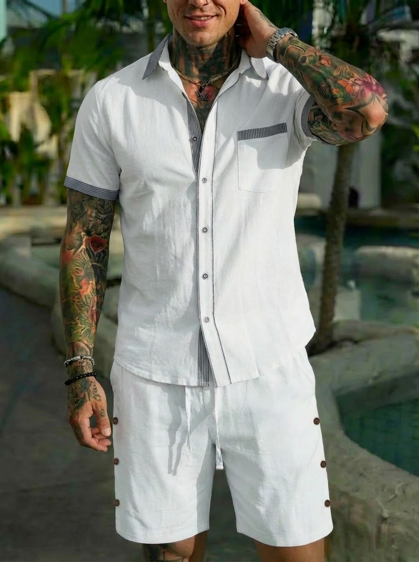 Męski zestaw koszul w stylu ku – Short Linen Drawstring recenzja i cena